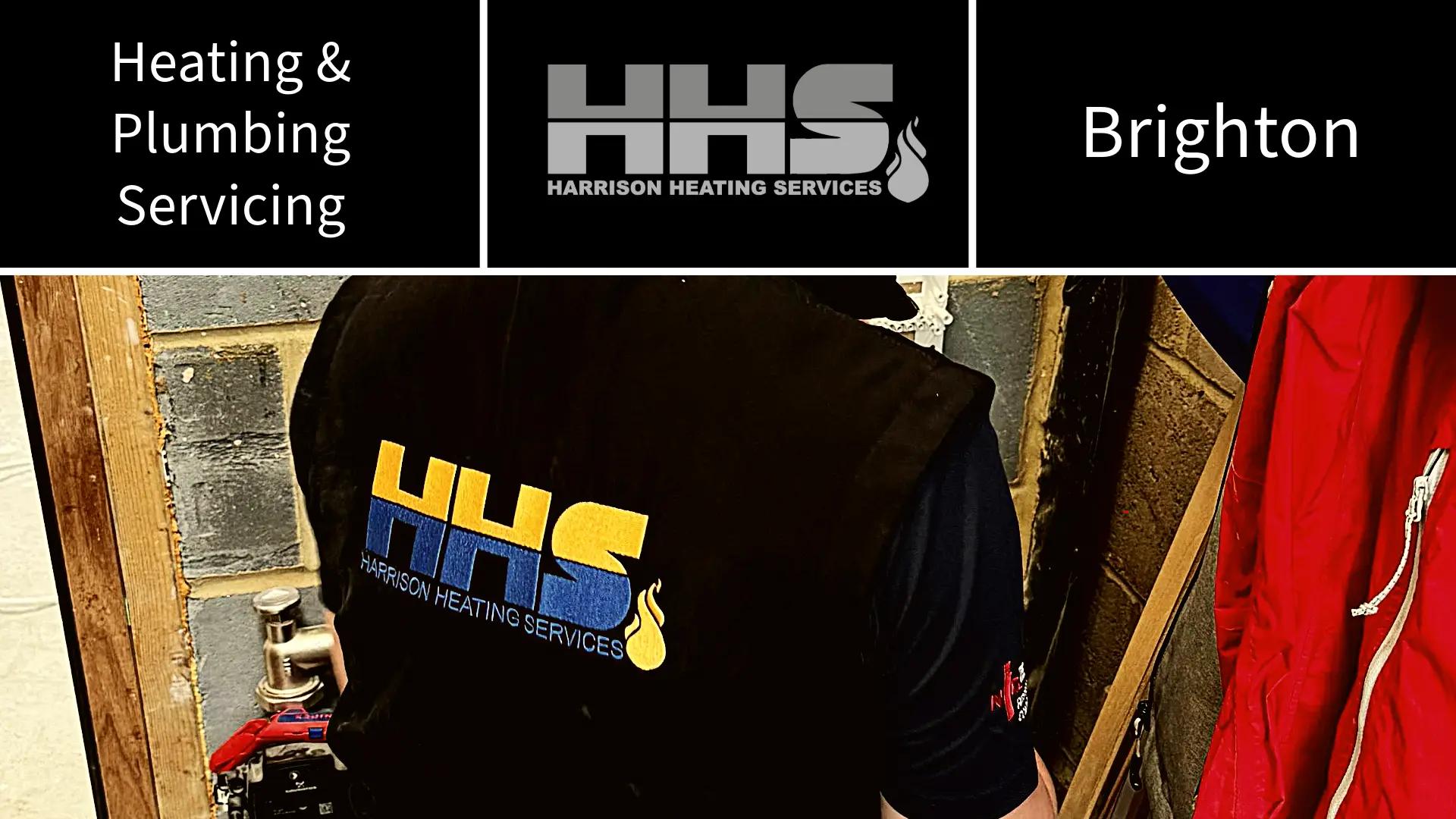 An image featuring the text 'Heating & Plumbing Servicing' and 'Brighton,' alongside the 'Harrison Heating Services' logo. The image shows a professional plumber working on a heating or plumbing system, highlighting expert service and attention to detail.